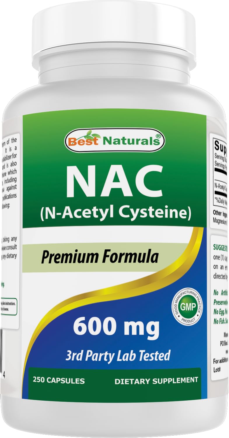 Best Naturals NAC frente de la botella, cápsulas de 600 mg para uso diario