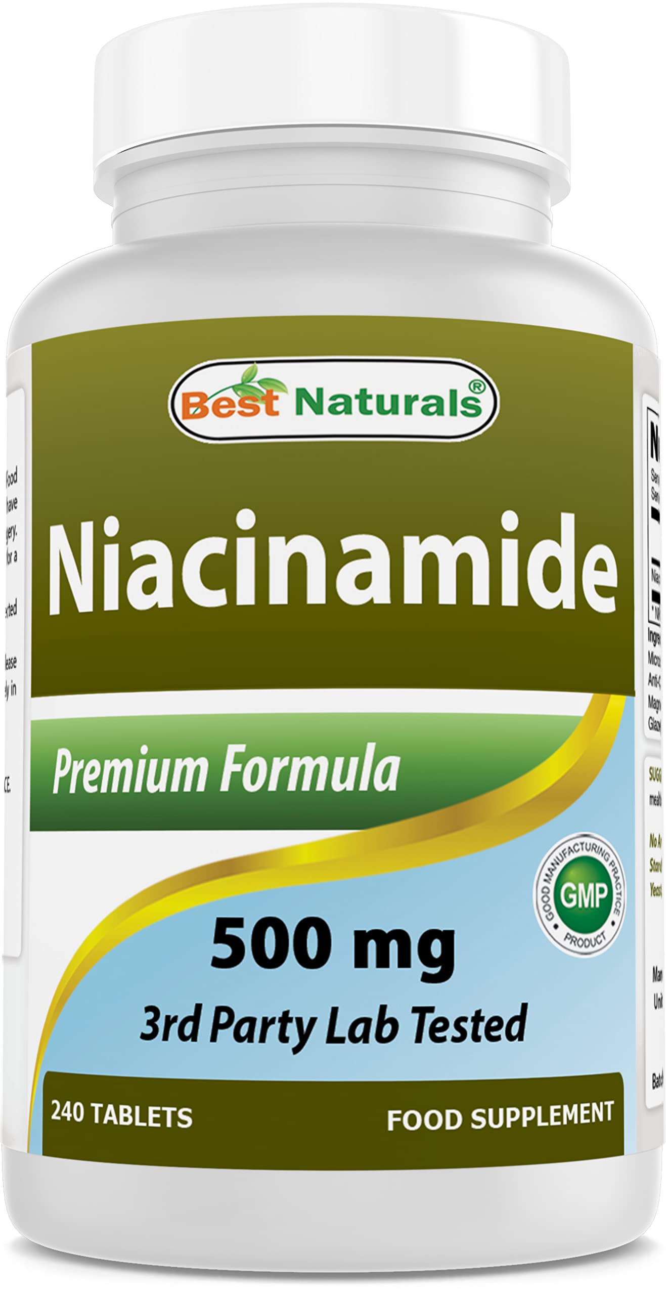Best Naturals Niacinamida: botella de 500 mg para uso diario.