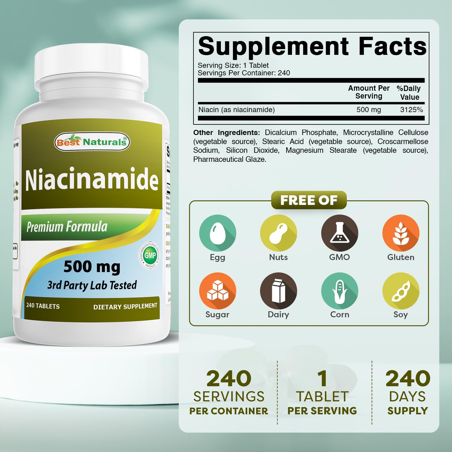 Tabletas de 500 mg, tamaño cómodo para ingesta diaria.