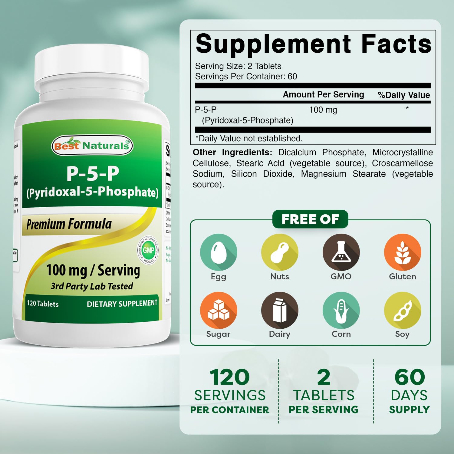 Best Naturals P5P forma activa, tabletas fáciles de tragar para rutina diaria.