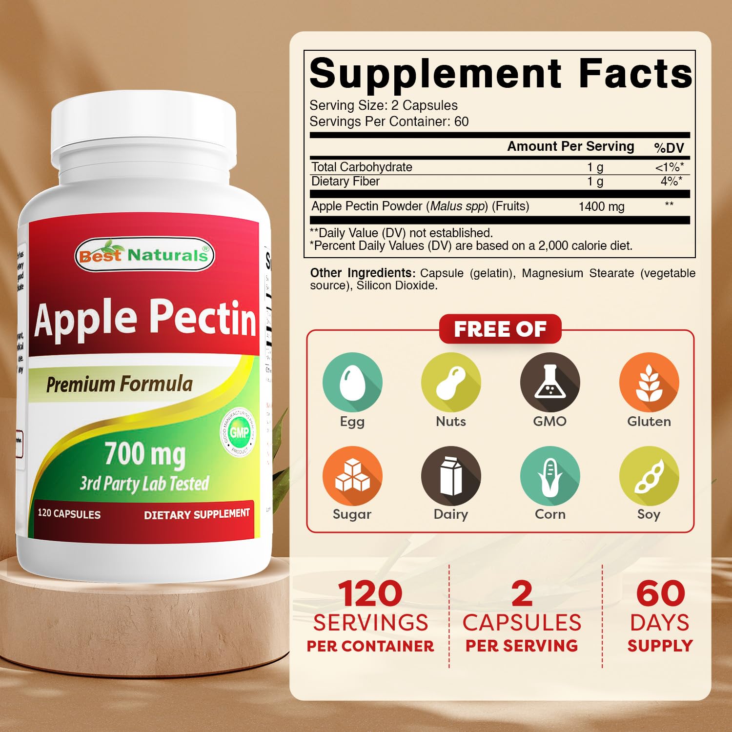 Best Naturals Pectina de Manzana, cápsulas listas para tomar como fibra diaria