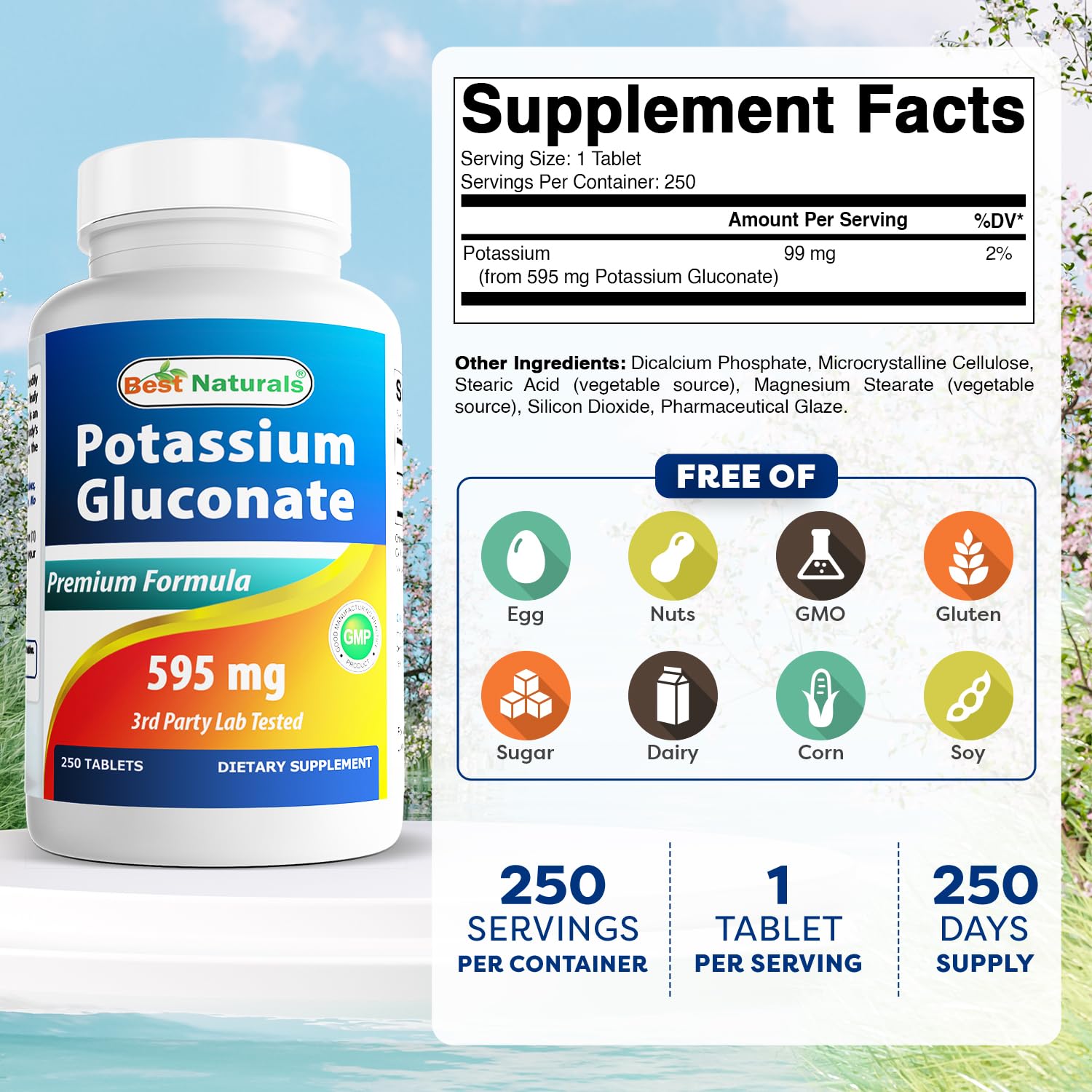 Best Naturals Potasio Gluconato, tabletas en frasco, ingesta diaria conveniente
