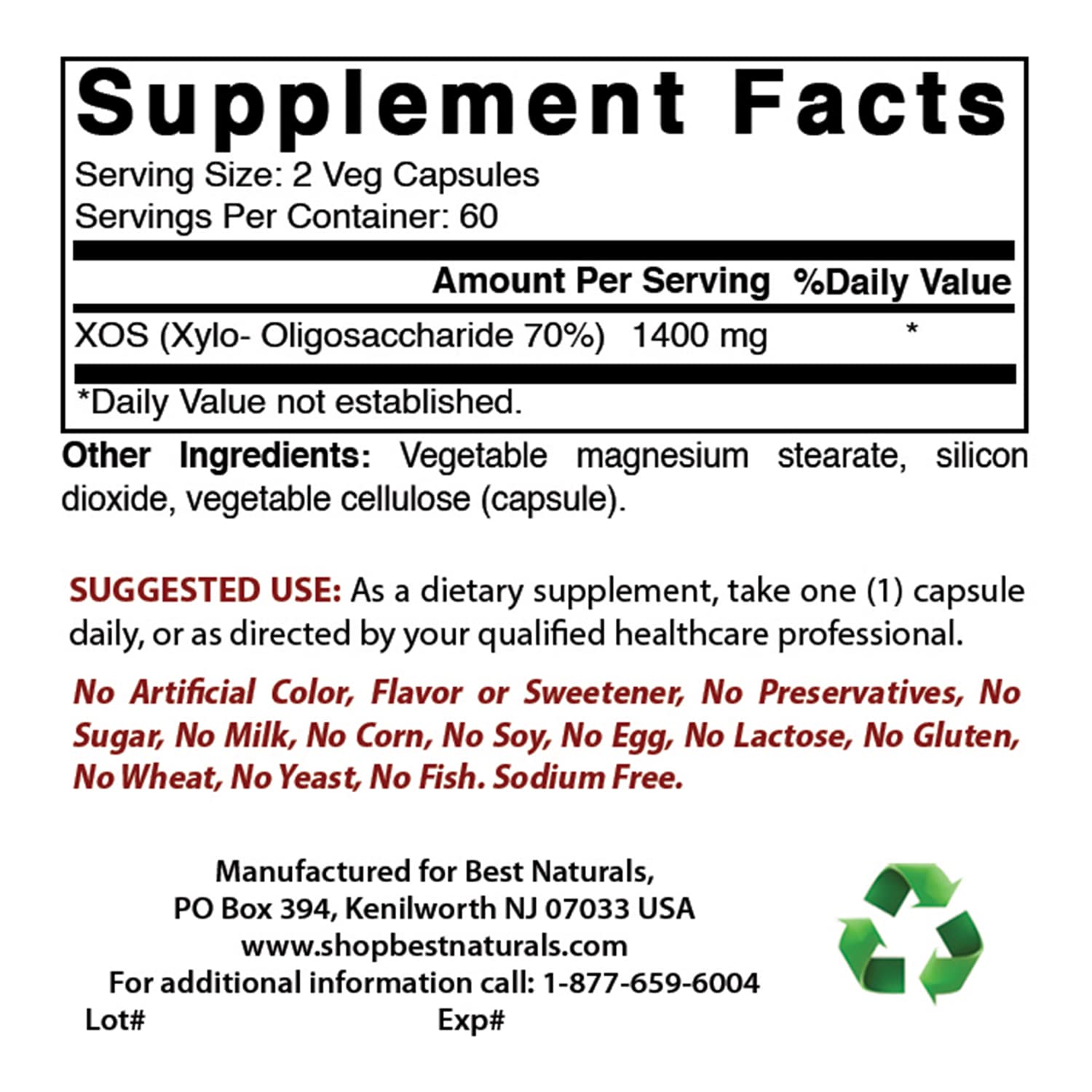 Etiqueta de Best Naturals XOS 1400 mg, destaca su potencia prebiótica.