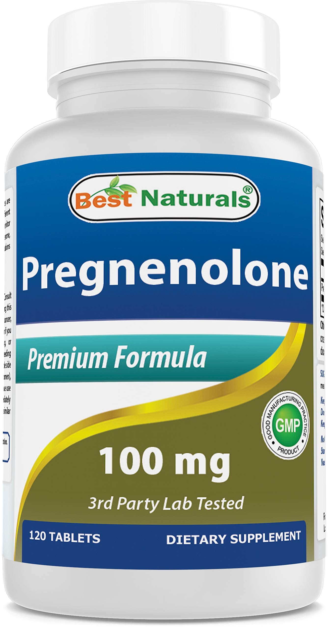 Best Naturals Pregnenolona: vista frontal de la botella, apoyo potencial para el bienestar diario.