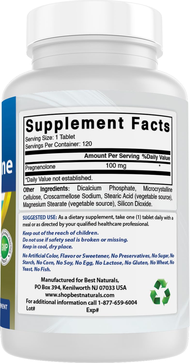 Best Naturals Pregnenolona: dosis de 100 mg por tableta para uso diario.