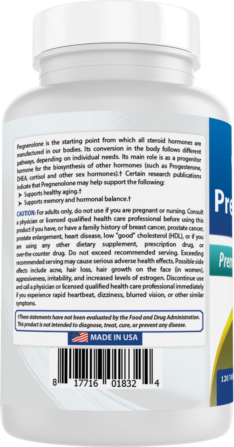 Best Naturals Pregnenolona: botella en fondo neutro, fabricación en EE. UU. con GMP y calidad.