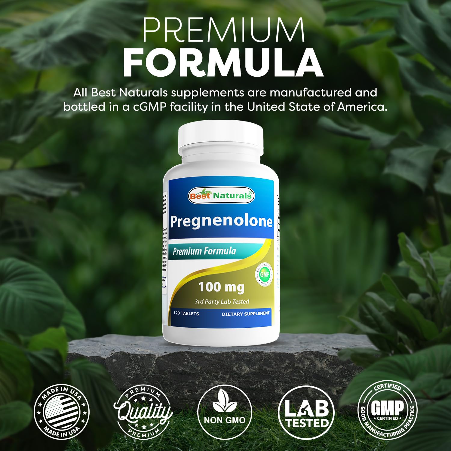 Best Naturals Pregnenolona: tabletas apiladas, opción sin gluten y sin OMG.