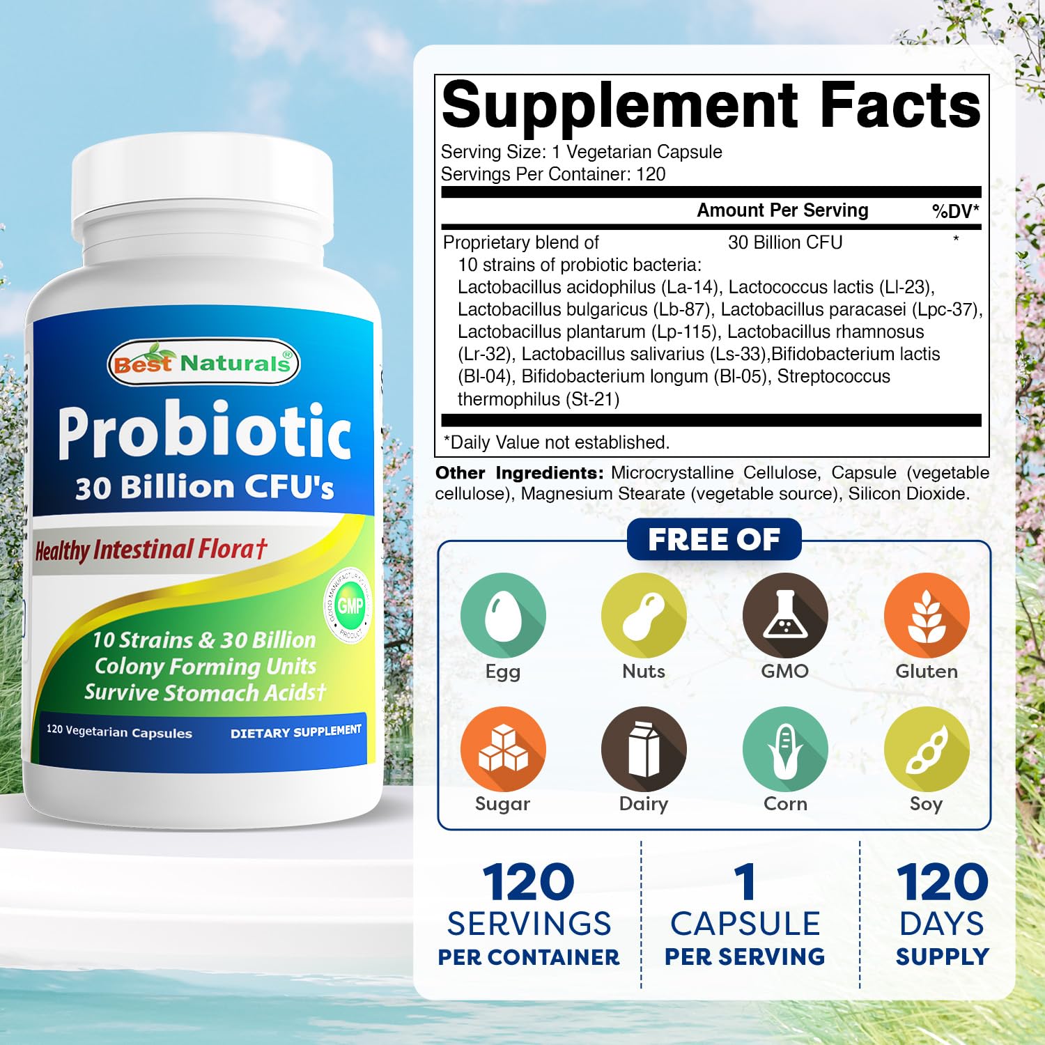 Probiótico Best Naturals: frasco de 30 mil millones UFC para uso diario.