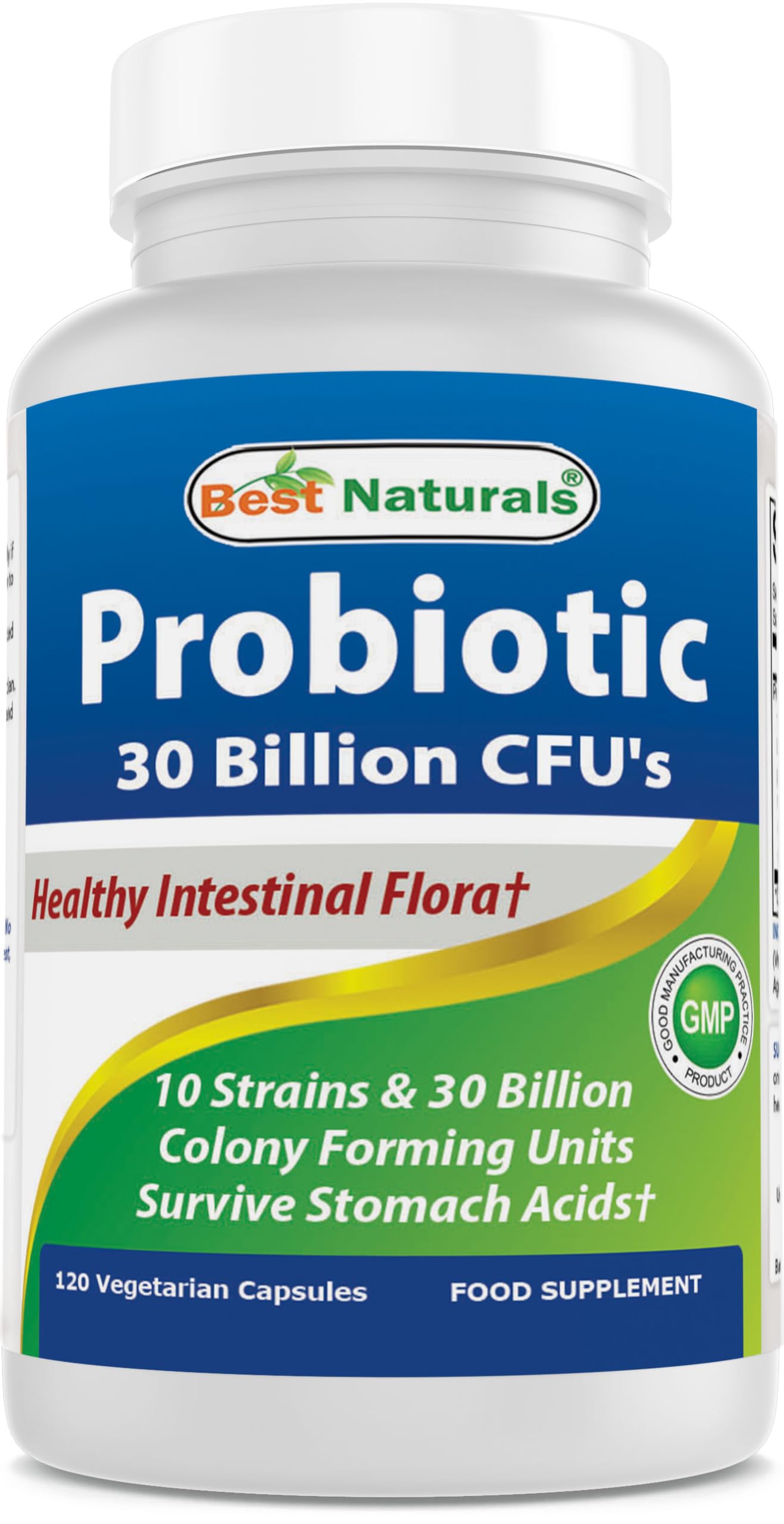 Probiótico Best Naturals: botella de cápsulas con diez cepas para apoyar la flora intestinal.