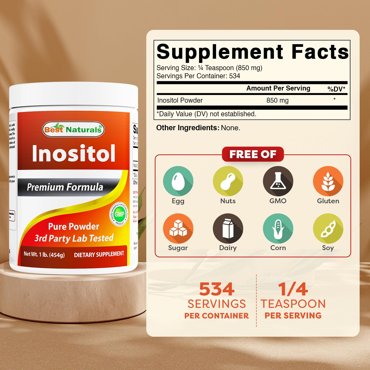 Best Naturals Pure Inositol Powder porcion 850 mg para cada toma