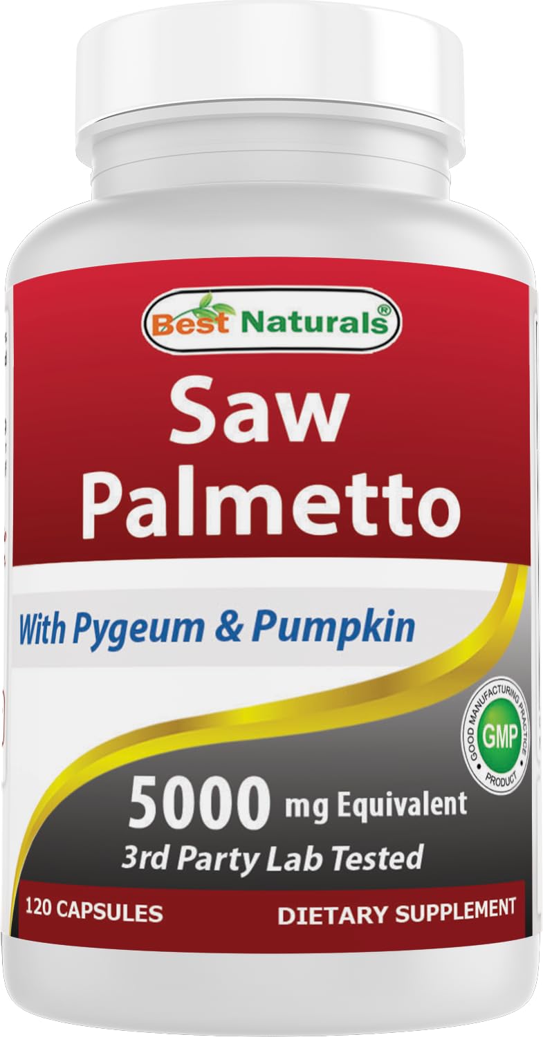 Best Naturals Saw Palmetto, botella con 120 cápsulas para suministro de 60 días.