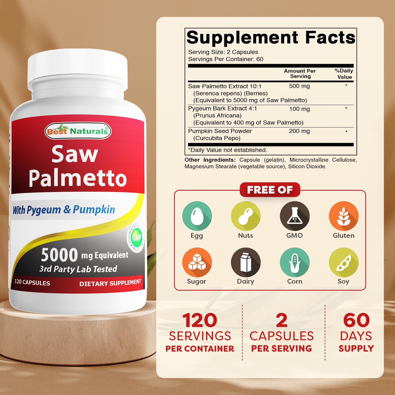 Best Naturals Saw Palmetto, cápsulas fáciles de tragar para uso diario.