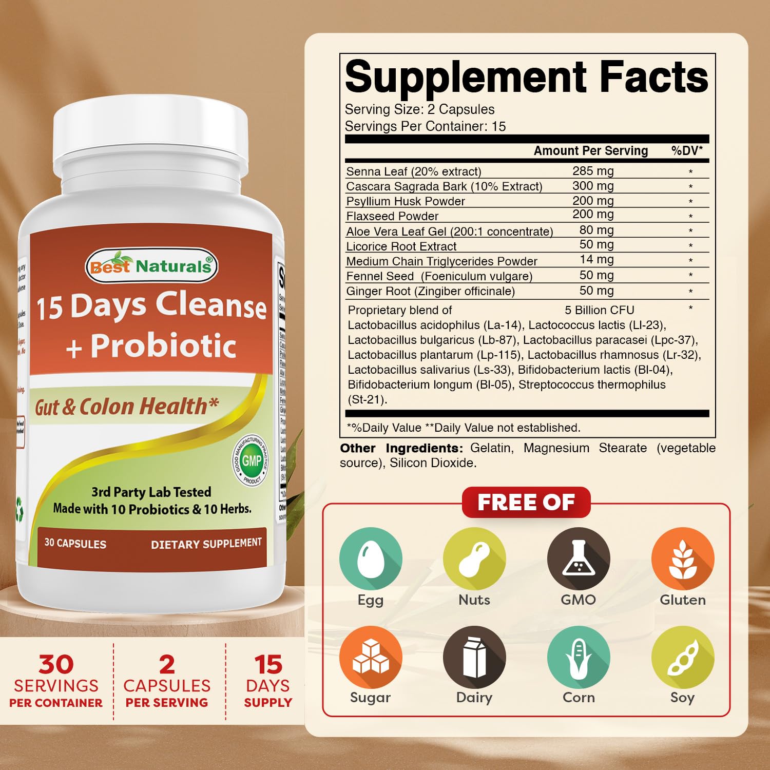 Best Naturals senna, cascara y psyllium: ingredientes para apoyo digestivo.