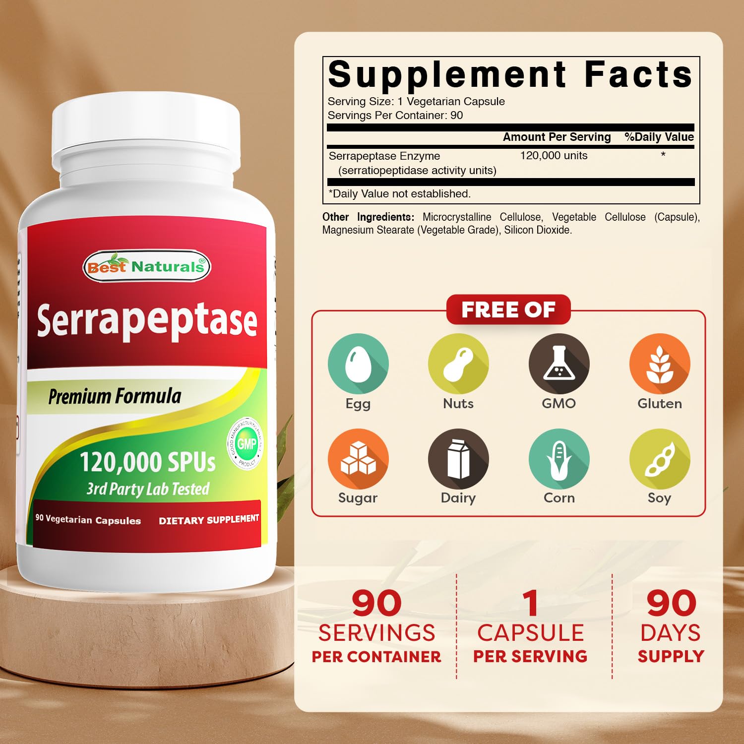 Etiqueta frontal de Best Naturals Serrapeptase que destaca calidad
