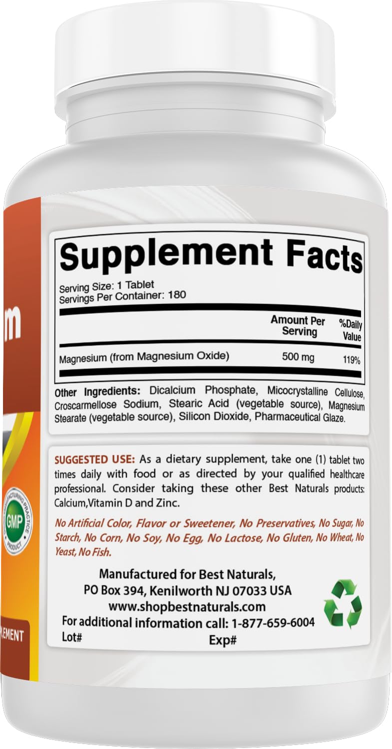 Best Naturals Magnesio Oxido 500 mg – sin colorantes, sabores ni edulcorantes artificiales.