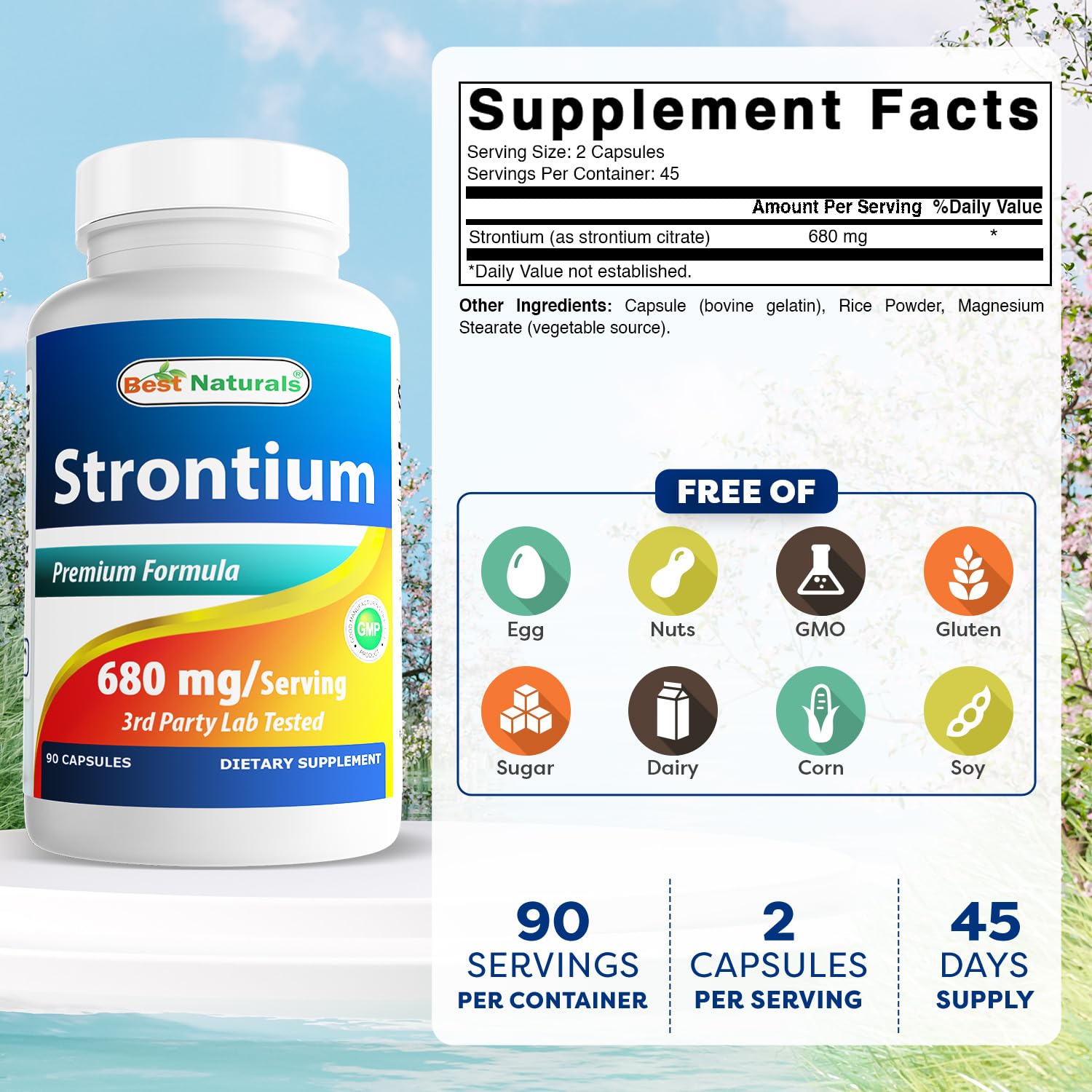 Best Naturals Strontium Bone Formula, etiqueta: información clara para uso diario seguro.