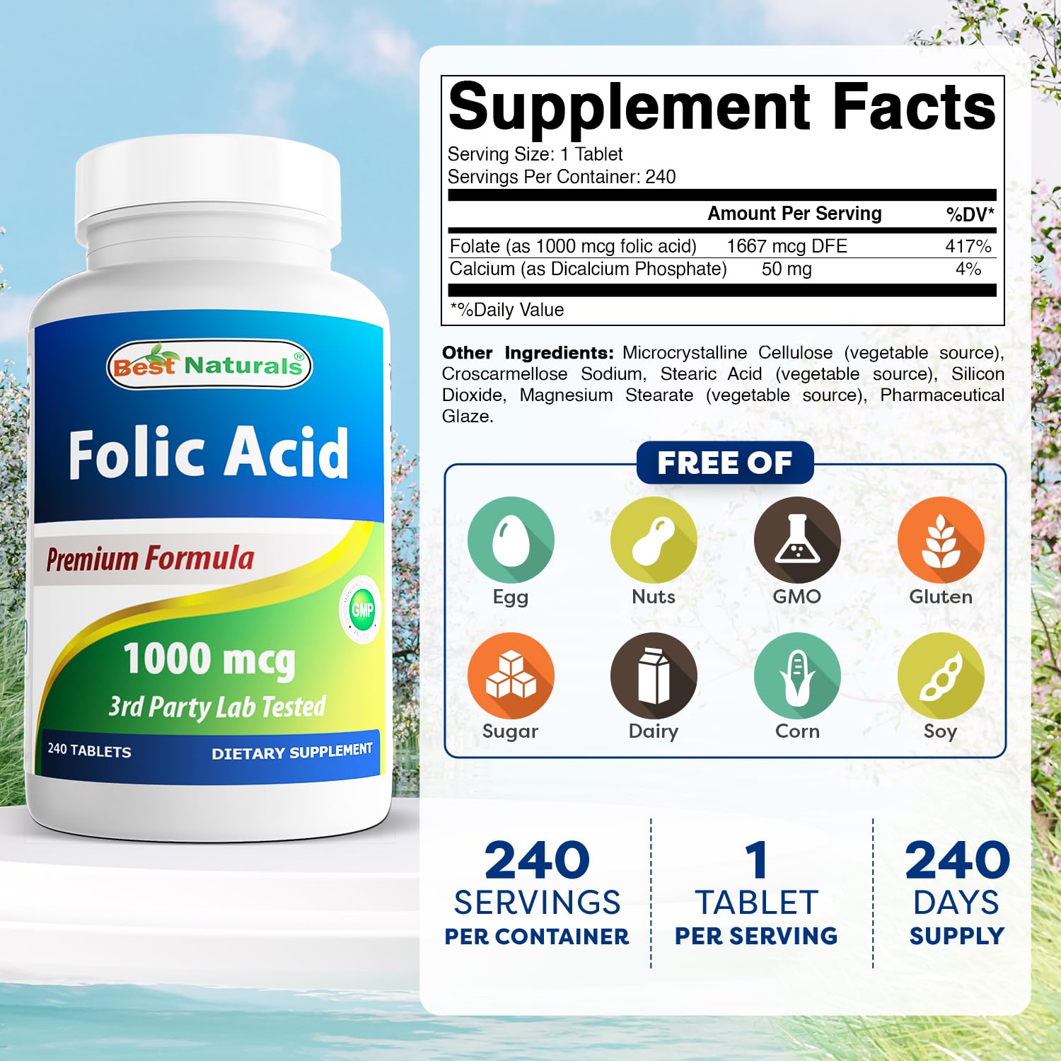 Best Naturals tabletas folato 1000 mcg, empaque práctico para varias tomas.