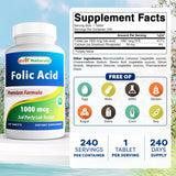 Best Naturals tabletas folato 1000 mcg, empaque práctico para varias tomas.