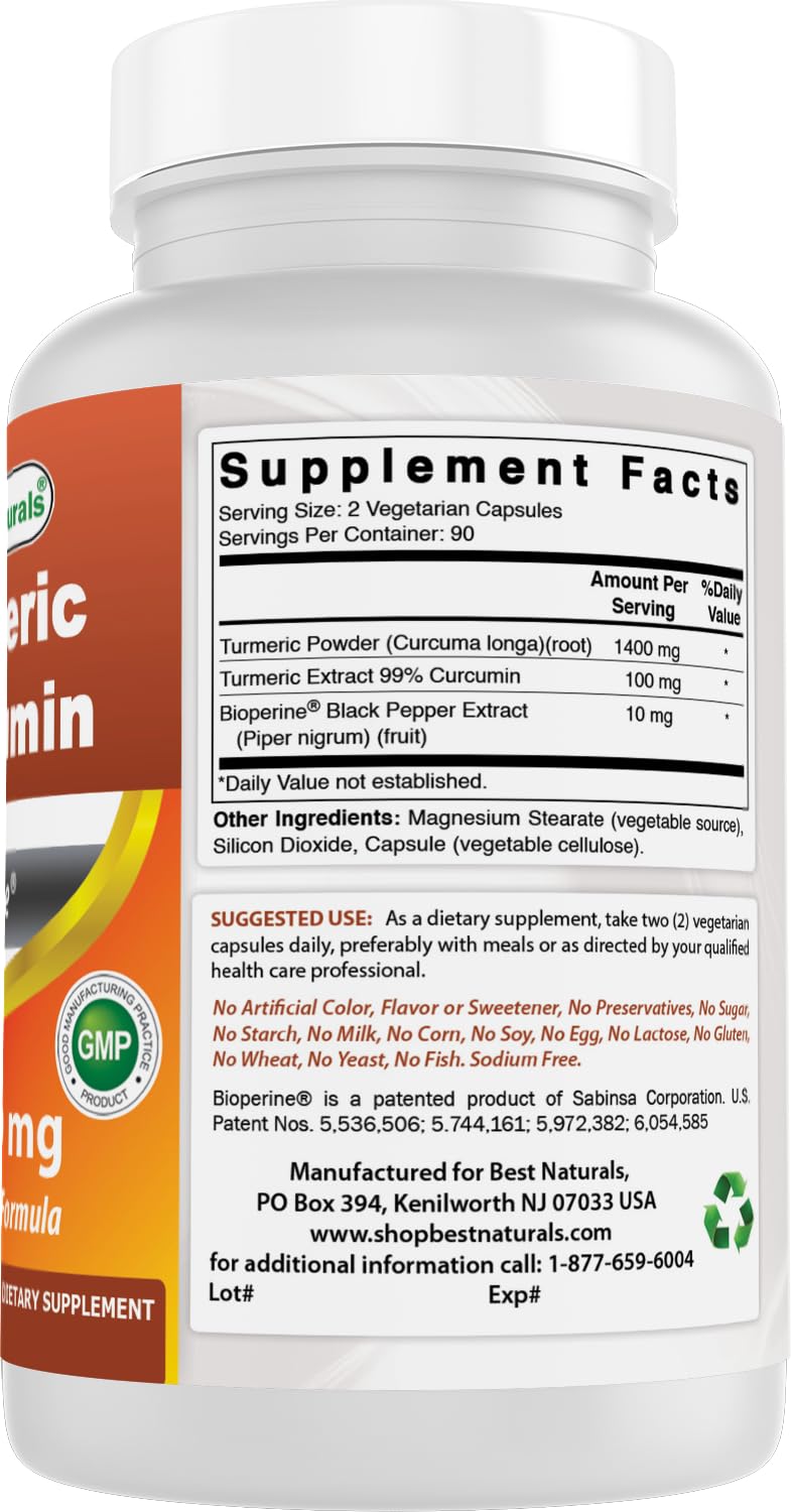 Best Naturals Turmeric Curcumin dosis diaria clara para consumo.