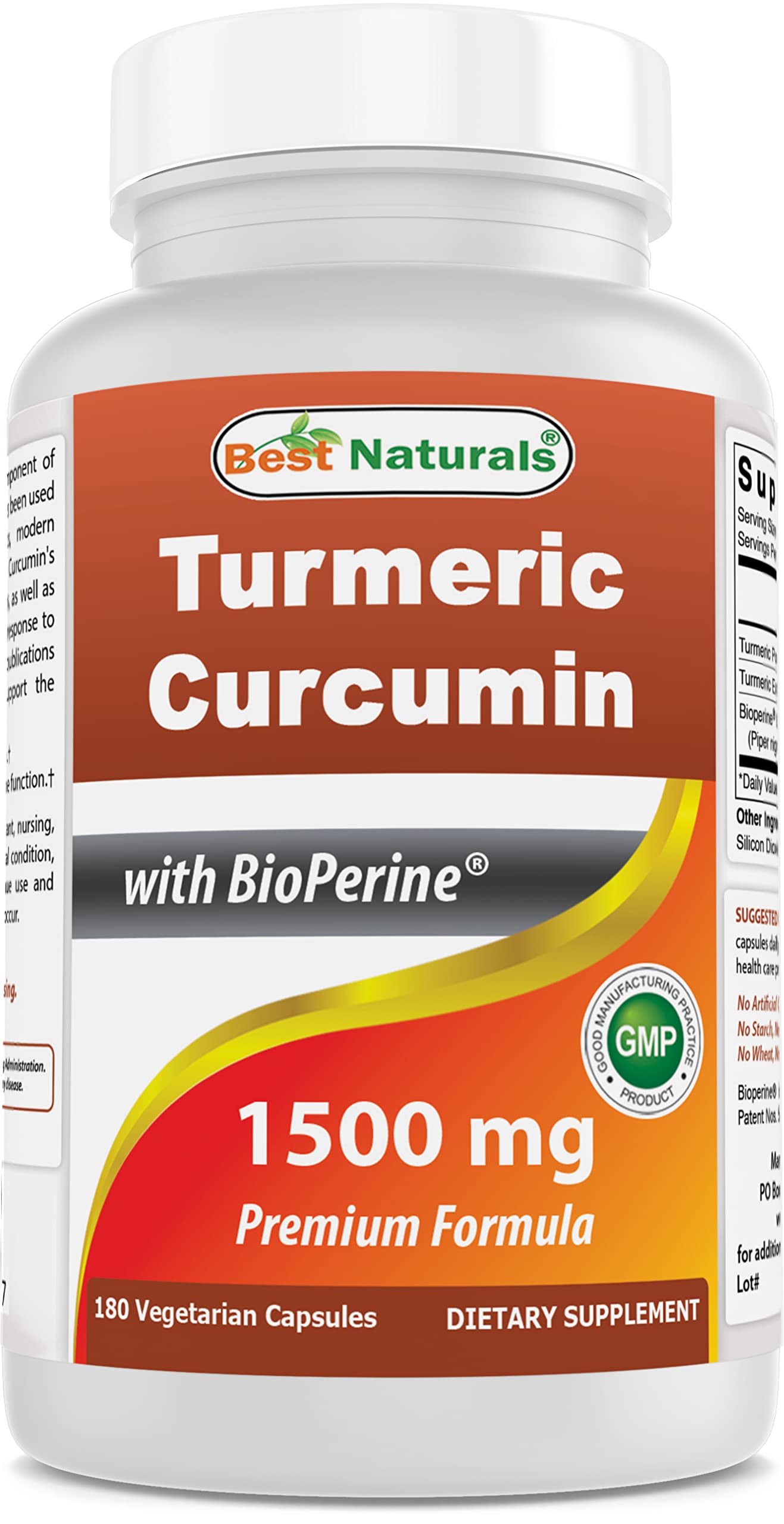 Best Naturals Turmeric Curcumin frasco con cápsulas vegetales para uso diario.