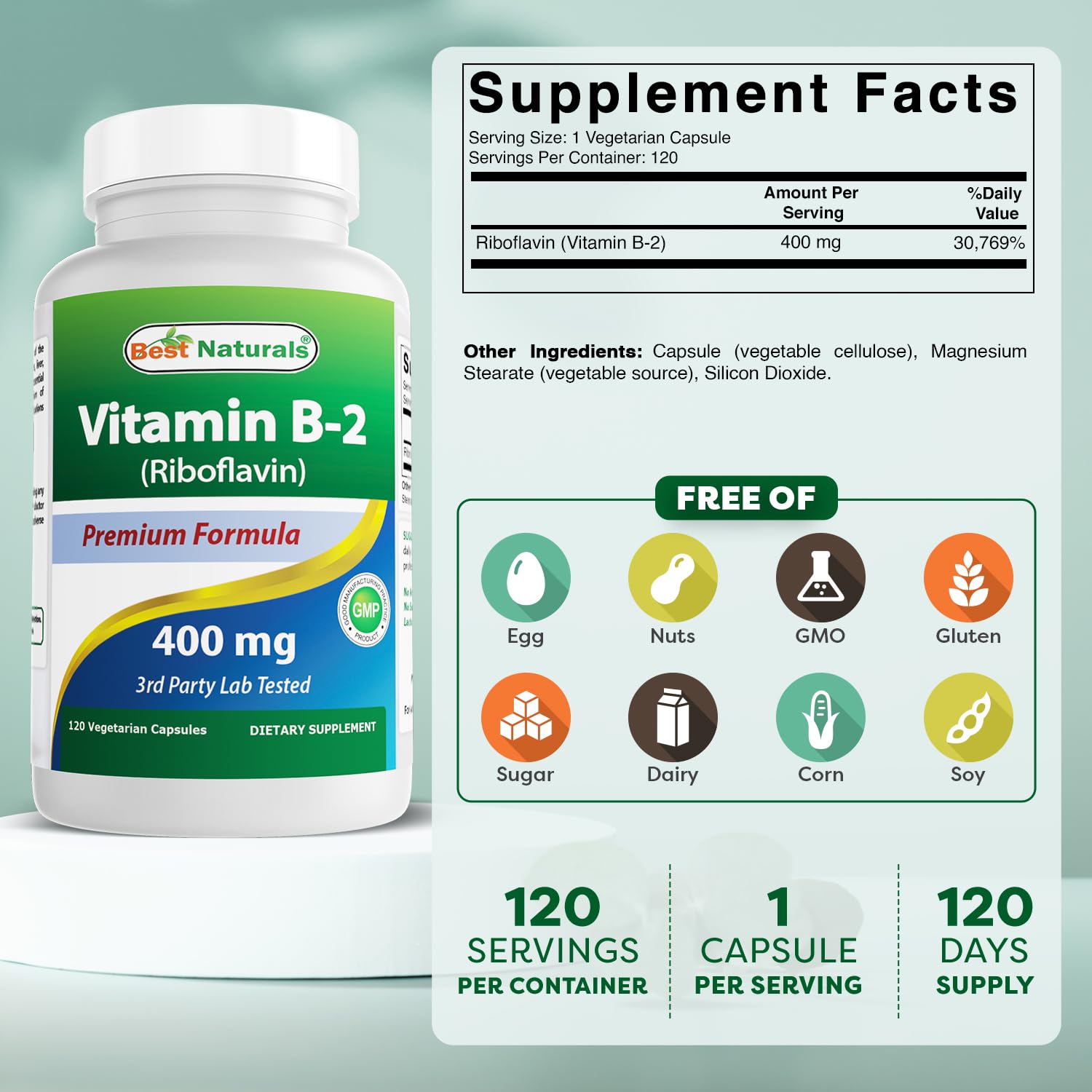 Best Naturals Vitamina B2 Riboflavina 400 mg cápsulas vegetales abiertas para uso rápido