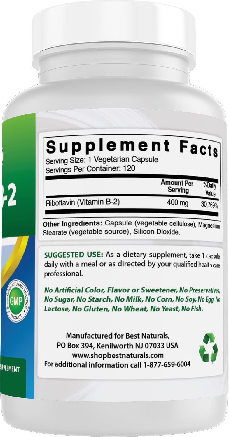 Best Naturals Vitamina B2 Riboflavina 400 mg rutina diaria para metabolismo