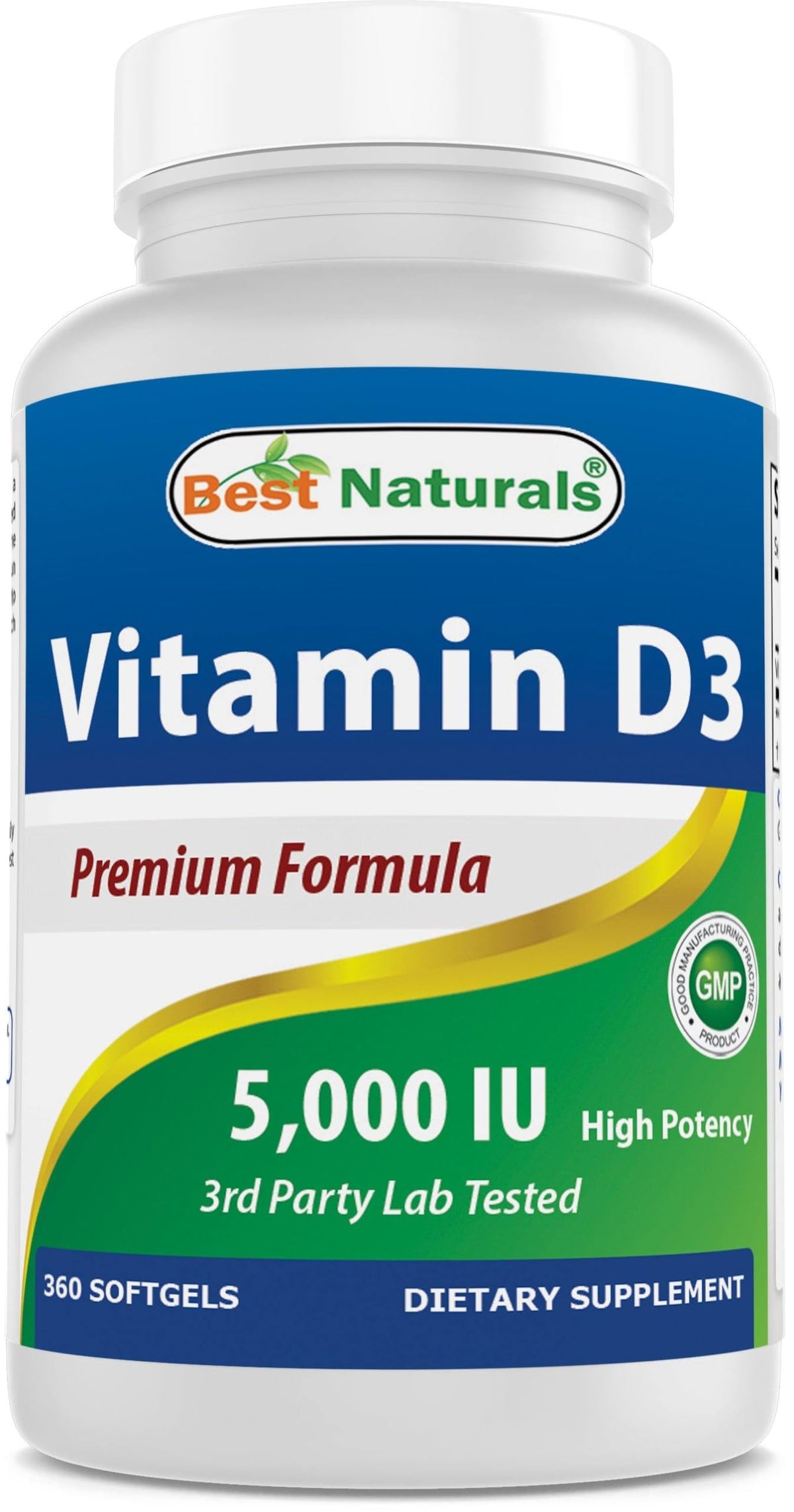 Botella de Best Naturals Vitamina D3 5000 UI para apoyo óseo e inmune