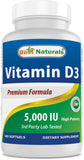 Botella de Best Naturals Vitamina D3 5000 UI para apoyo óseo e inmune