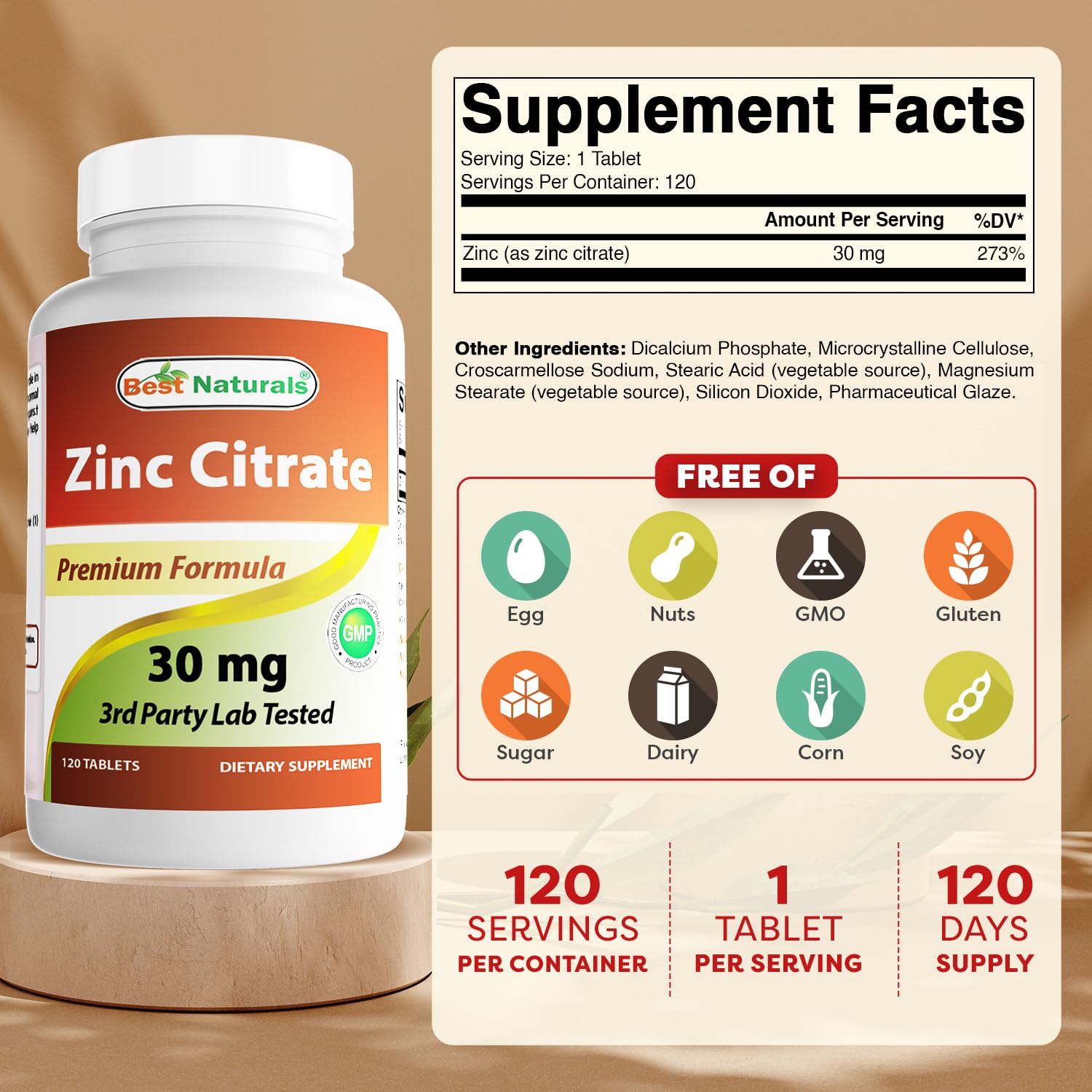 Etiqueta frontal de Best Naturals Zinc 30 mg para dosis diaria conveniente.