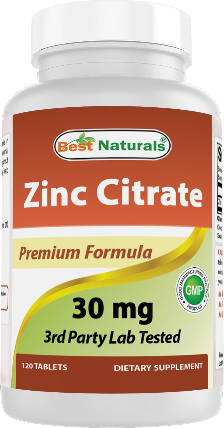 Best Naturals Zinc 30 mg, tabletas visibles en la botella, apoyo potencial al sistema inmune.