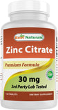 Best Naturals Zinc 30 mg, tabletas visibles en la botella, apoyo potencial al sistema inmune.
