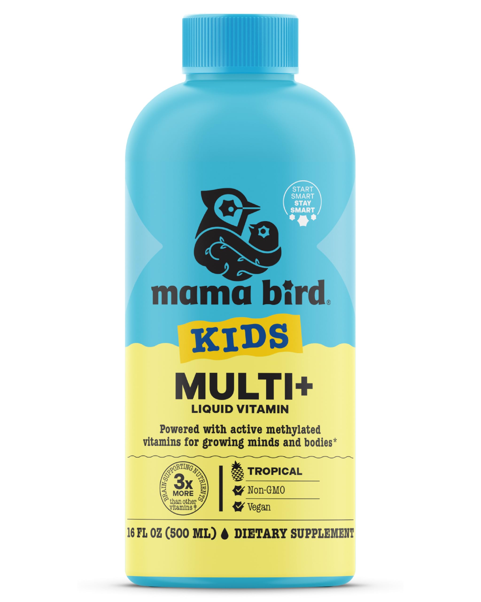 Best Nest Wellness Mama Bird frasco: vitaminas líquidas para niños, sabor tropical, apoyan crecimiento diario.