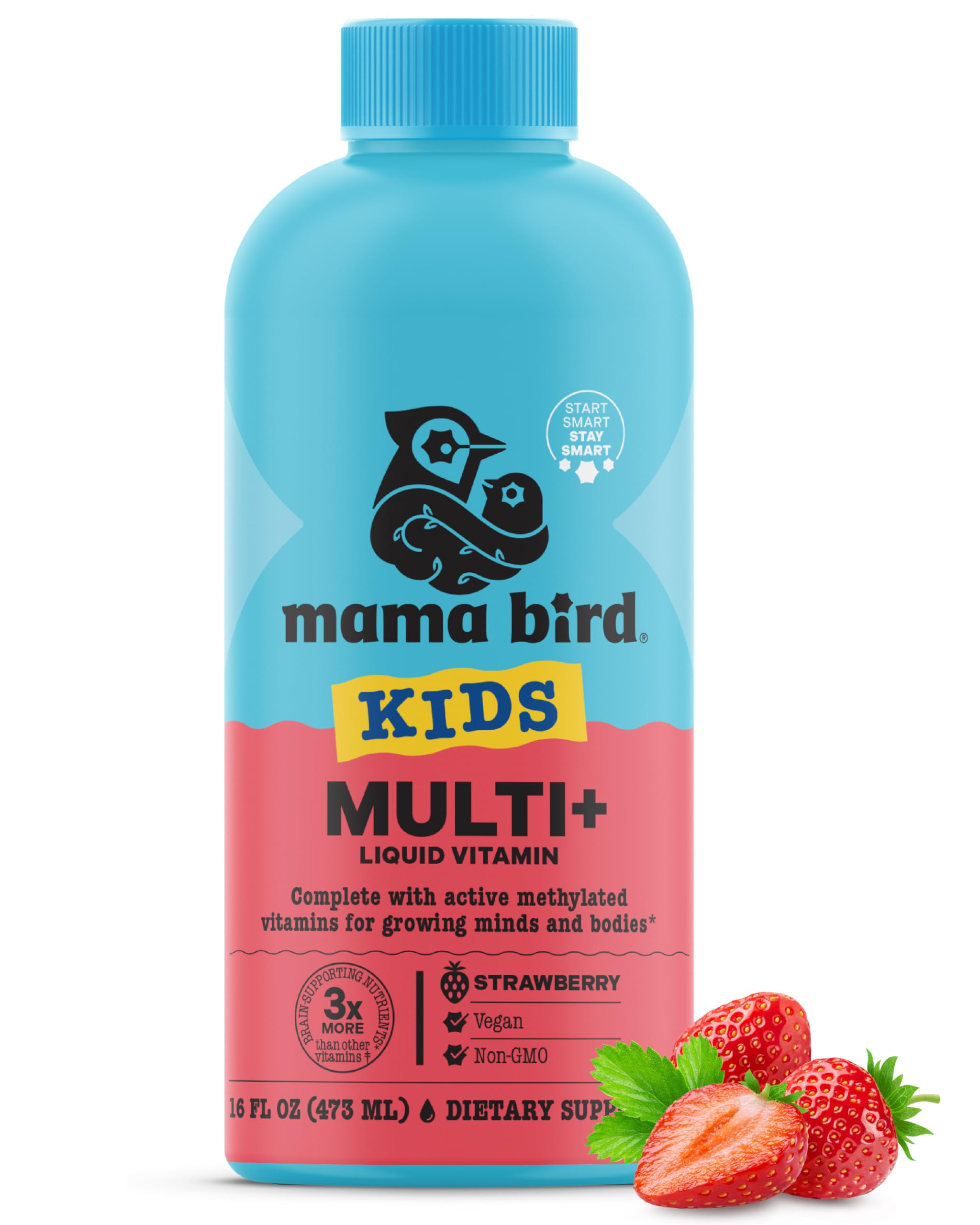 Best Nest Wellness Mama Bird vitaminas líquidas para niños, volcado de botella, sabor fresa para uso diario