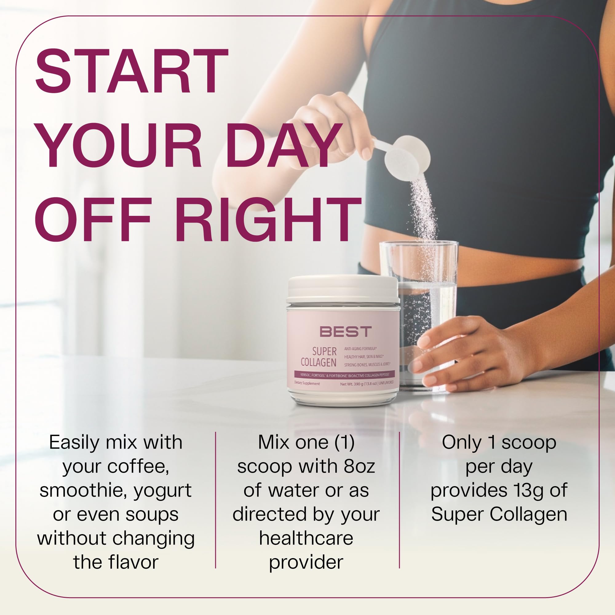 Fortibone de BEST Supplements, uso diario para piel más suave y movilidad.