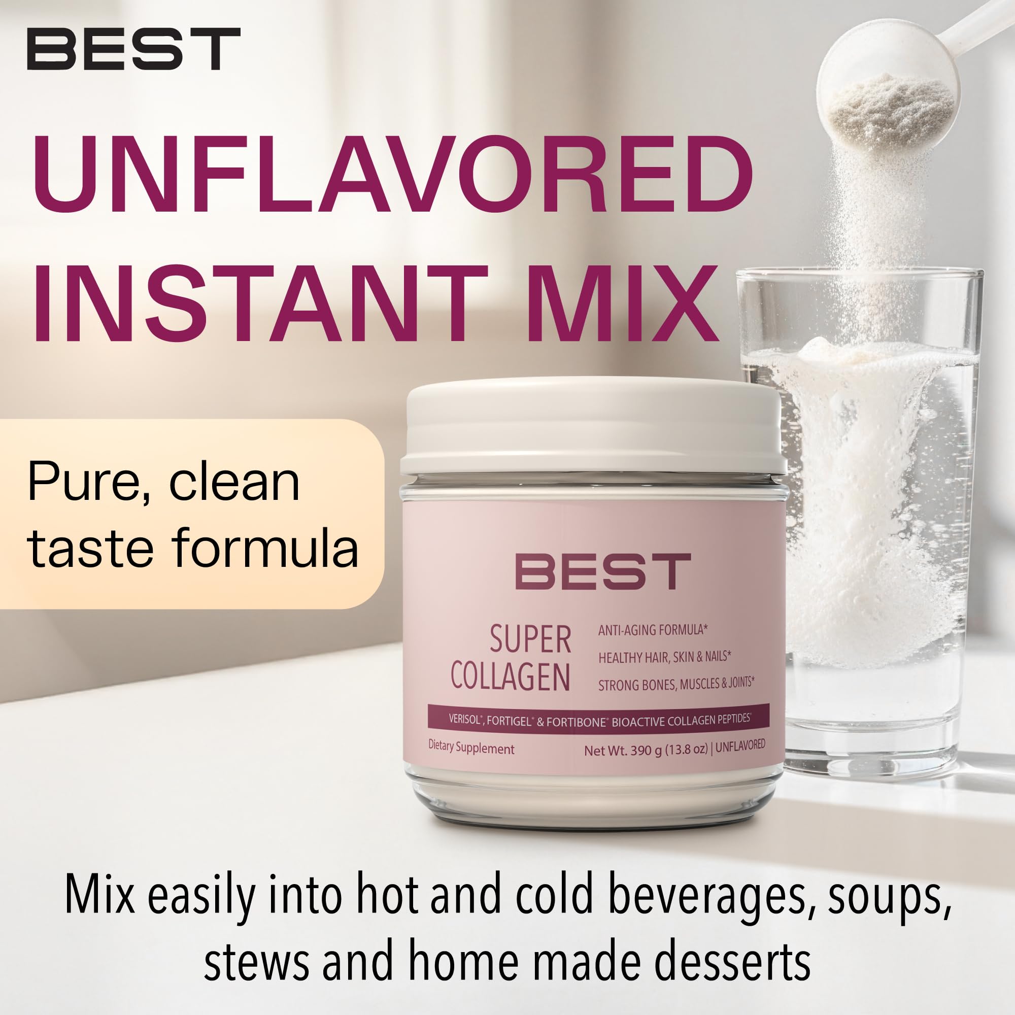 Fortibone de BEST Supplements, vaso con agua para mezclar sin afectar sabor.