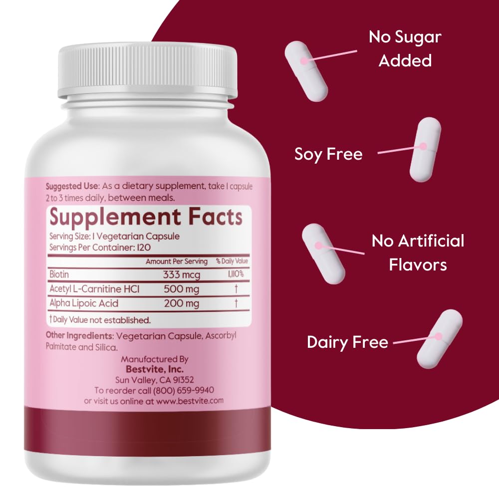 Etiqueta BESTVITE acetil L-carnitina con lista de ingredientes y dosis.