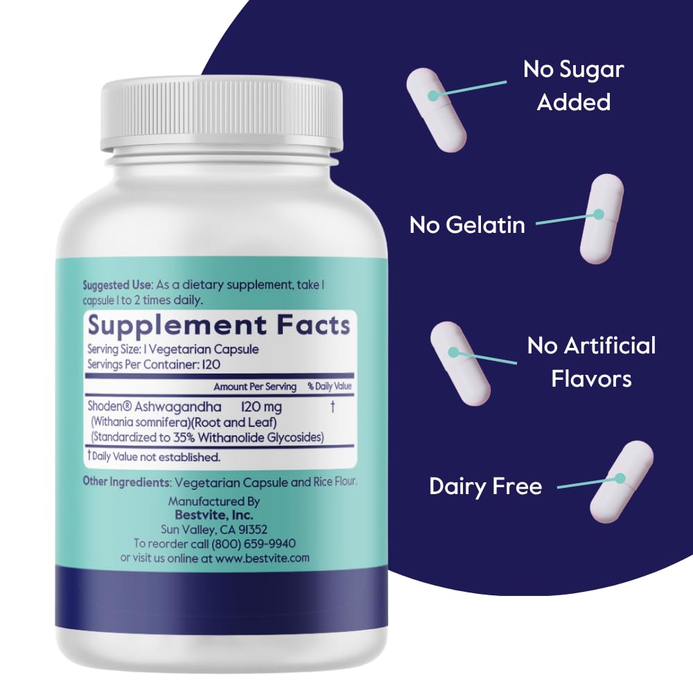 Bestvite Advanced Ashwagandha etiqueta: información de pureza y formato sin estearatos.
