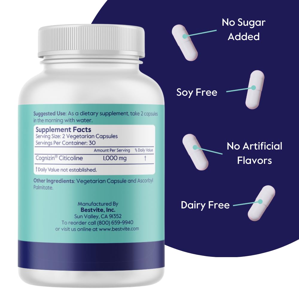 Etiqueta Cognizin muestra 500 mg y beneficios para memoria y enfoque.