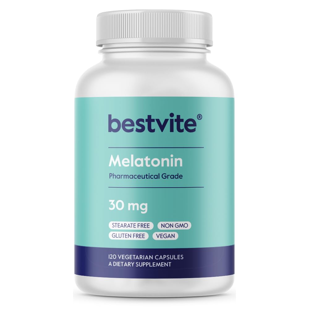 BESTVITE Melatonina 30 mg, botella y tapa que facilita relajación nocturna y descanso reparador