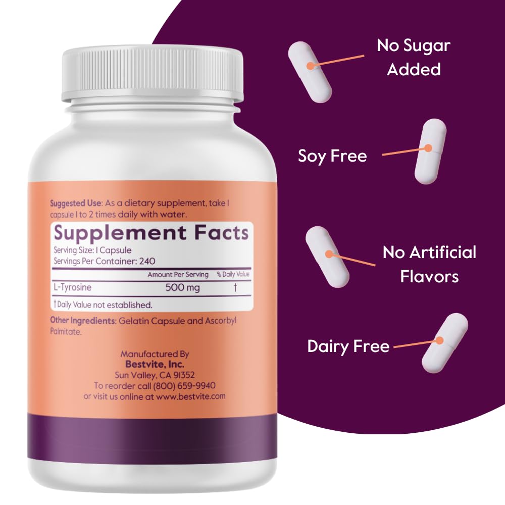 Bestvite Tirosina 500 mg: etiqueta frontal legible que sugiere pureza y transparencia.