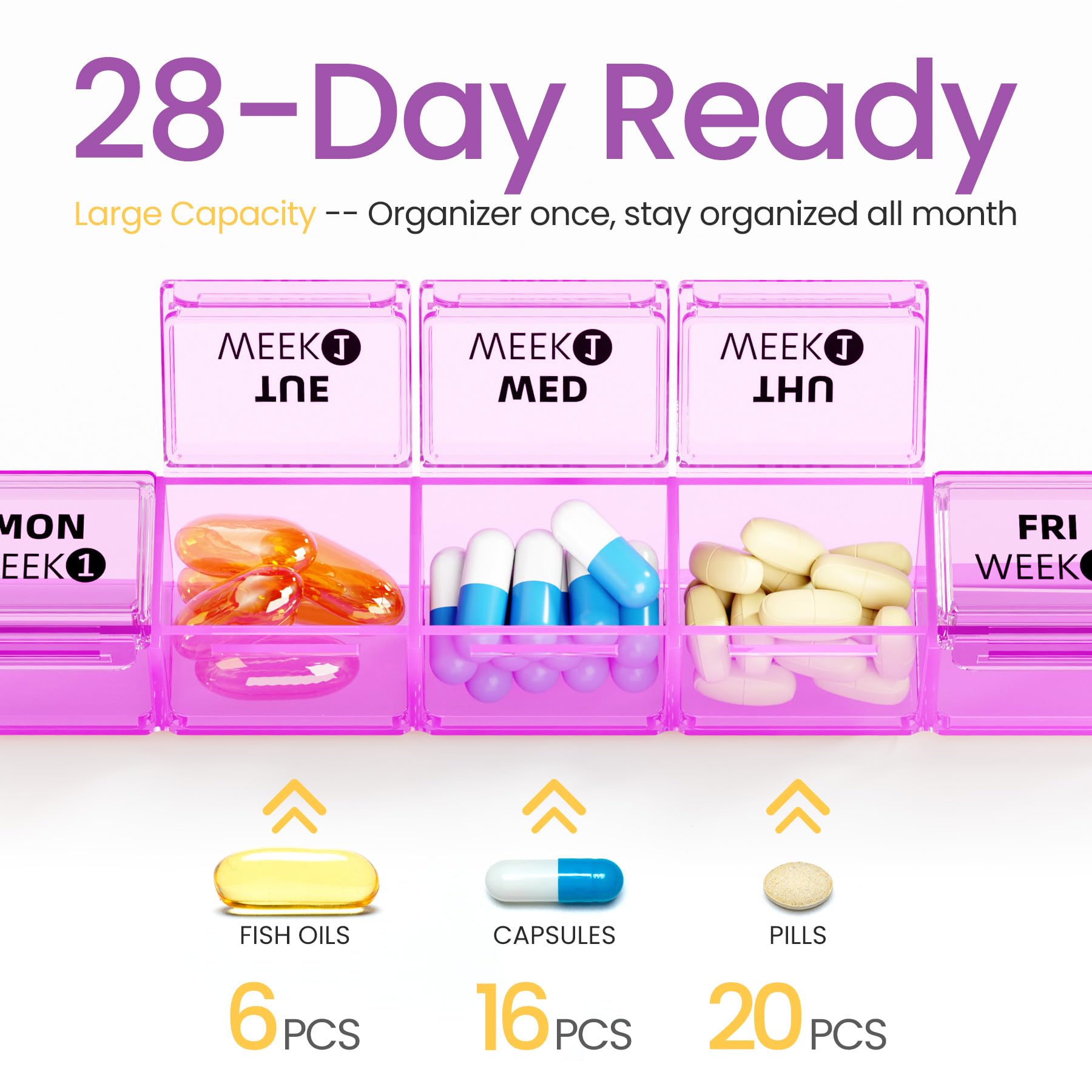 Betife grandes-compartimentos-6-capsulas ofrece espacio para dosis grandes y múltiples.