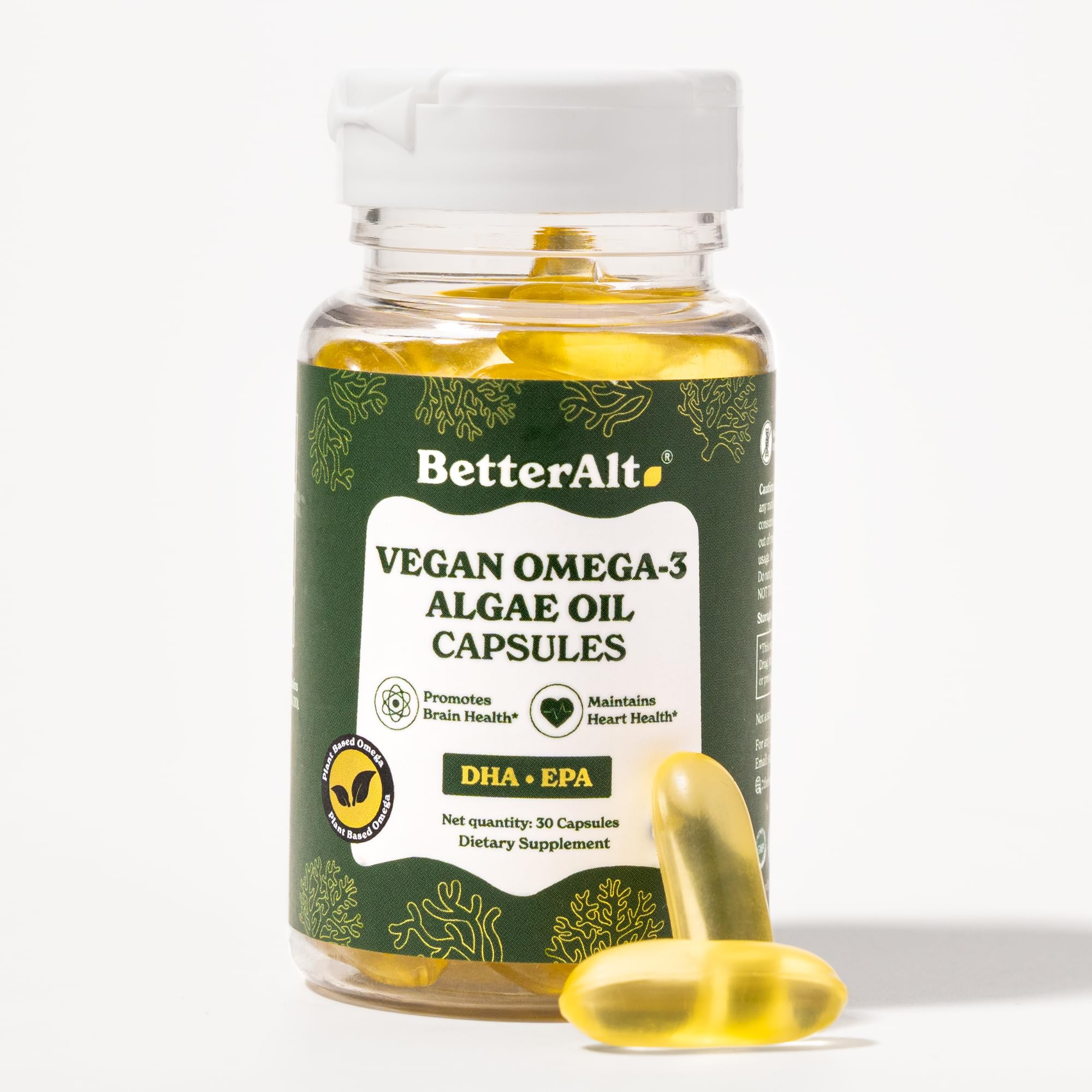 Better Alt Omega-3 de algas, botella con cápsulas, posible apoyo al bienestar diario.