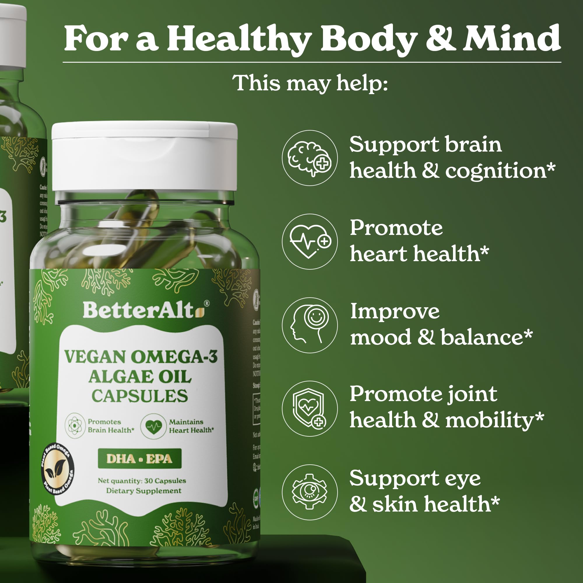 Etiqueta frontal de Better Alt Omega-3, origen vegetal y DHA/EPA destacados.