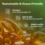 Frente de la etiqueta: origen vegetal y Omega-3 de algas, sin gluten.