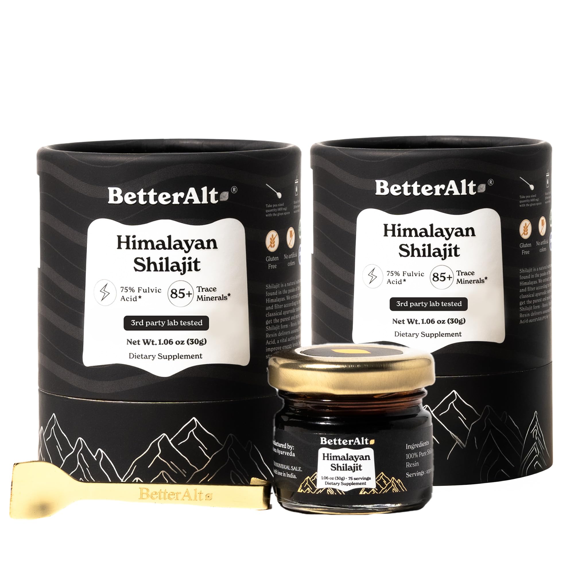 Better Alt Himalaya Shilajit resina en dos frascos para energía sostenida.
