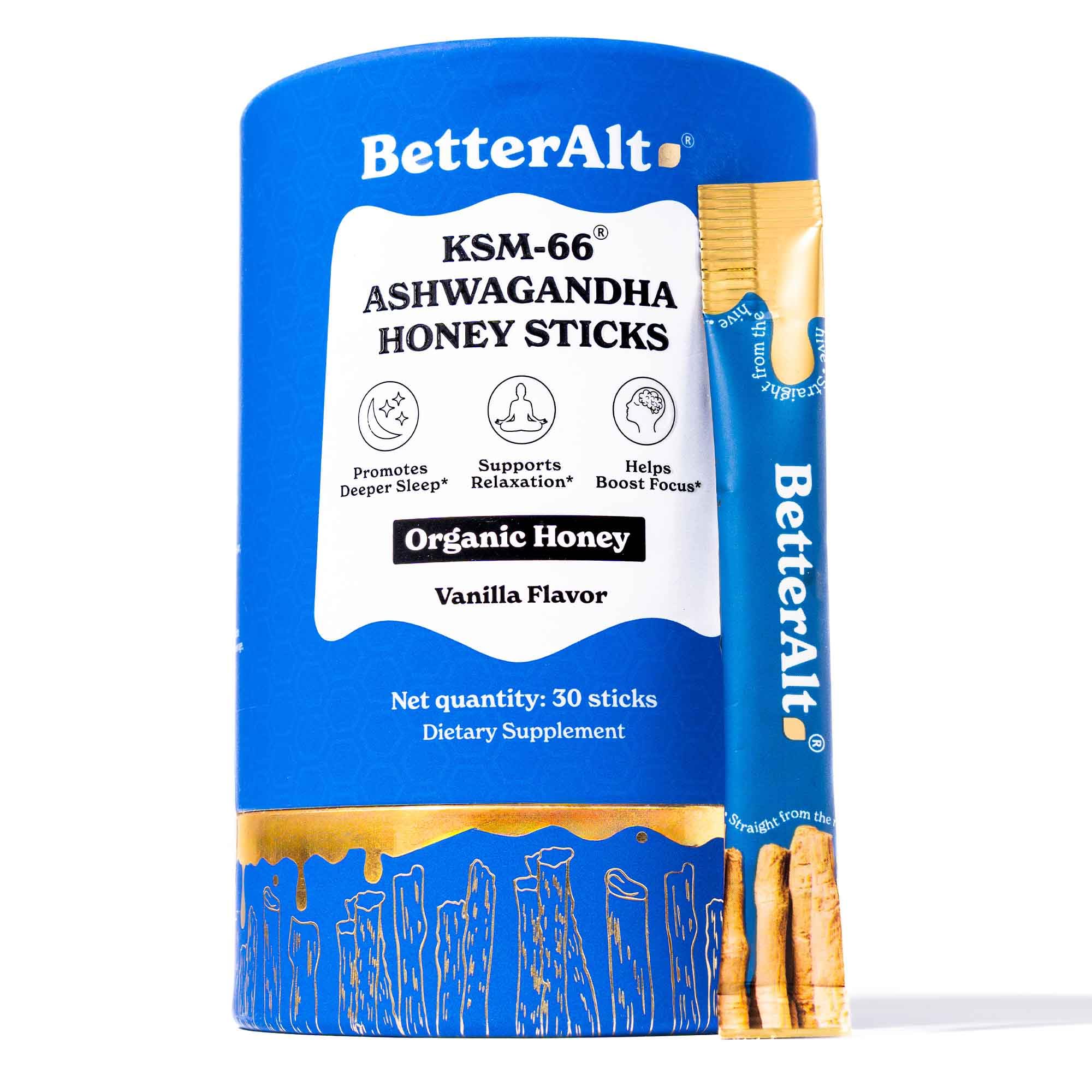 Better Alt palitos de miel con ashwagandha para relajación suave.