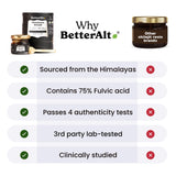 Better Alt resina Shilajit Himalayo: composición rica en ácido fúlvico para absorción de nutrientes.