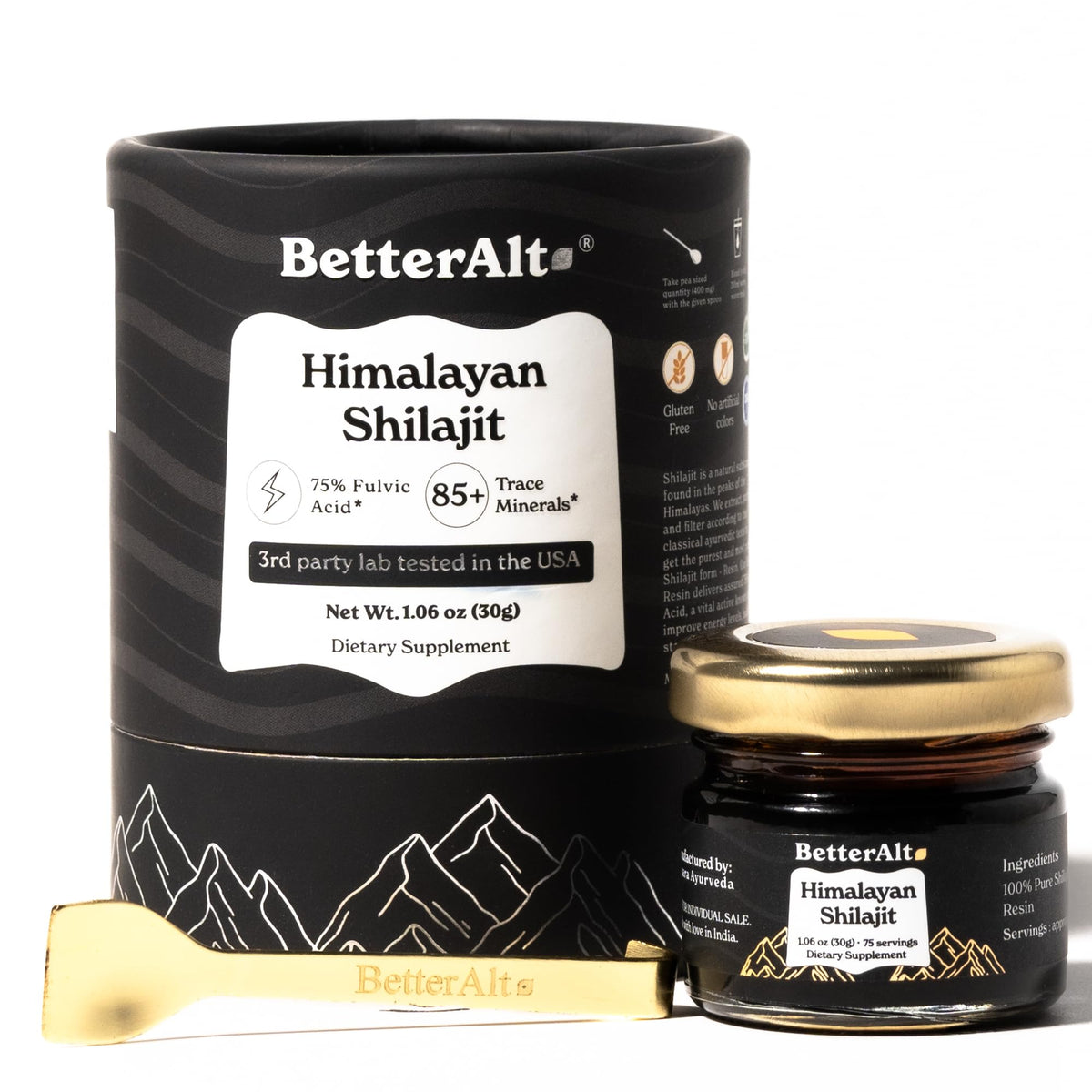 Better Alt Resina Shilajit Himalaya en empaque, energía natural para el día.