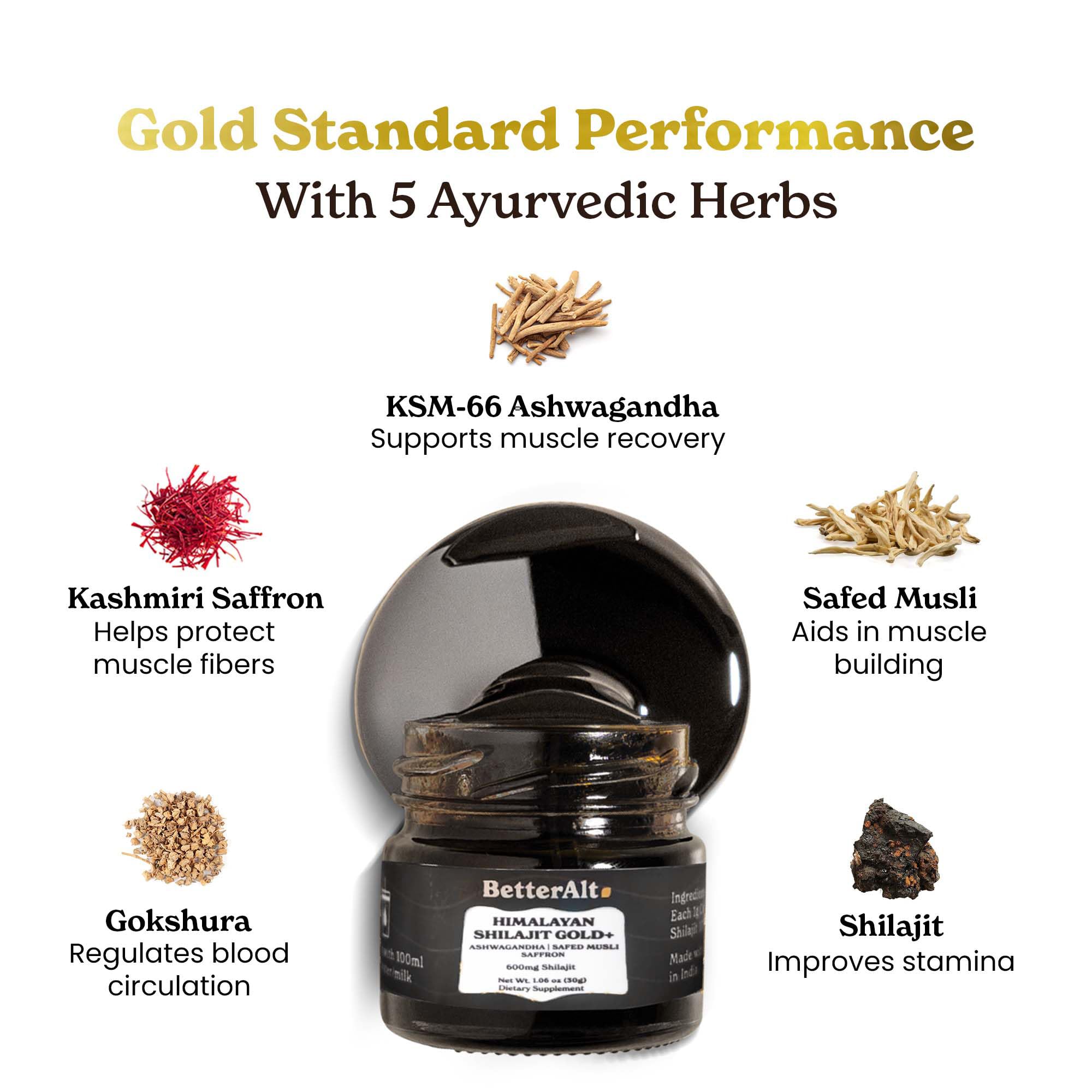 Better Alt Shilajit Gold Safed Musli para mayor fuerza sostenida.