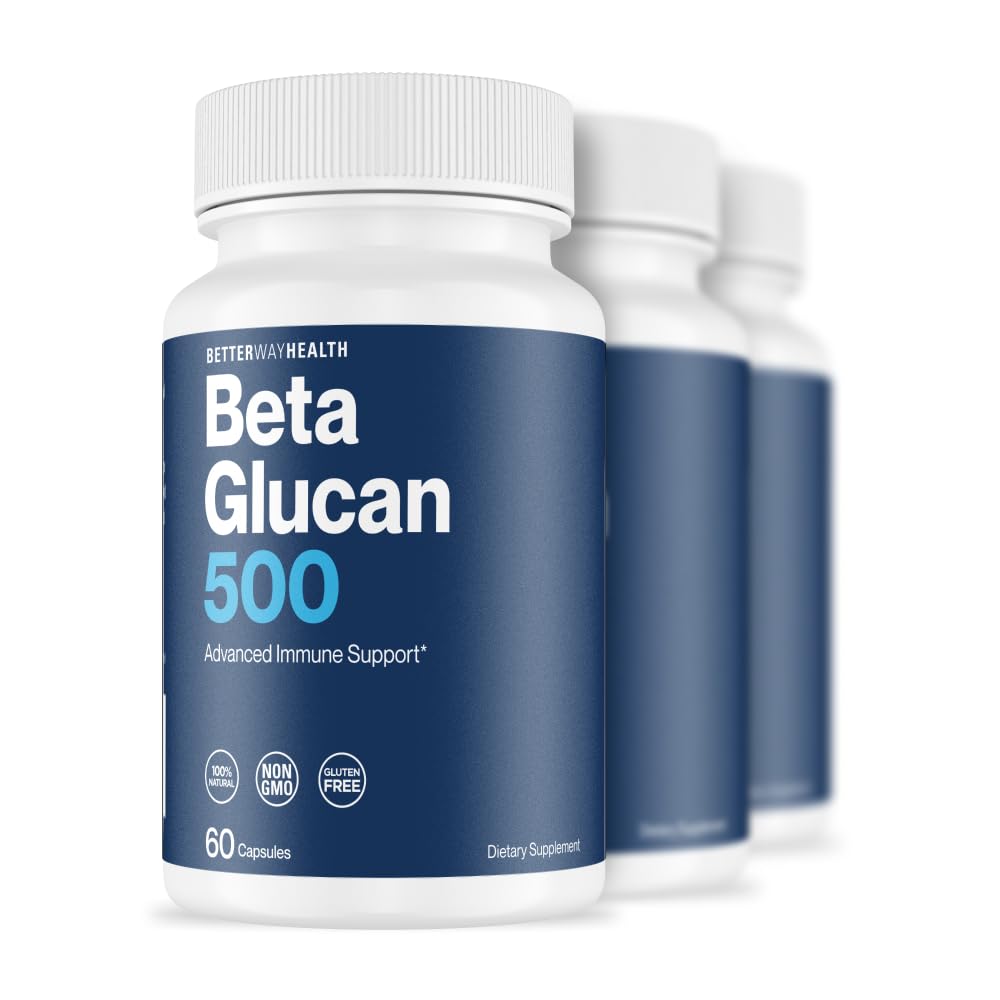 Better Way Health Beta Glucano 500, botella frontal, apoyo al sistema inmune potencial.